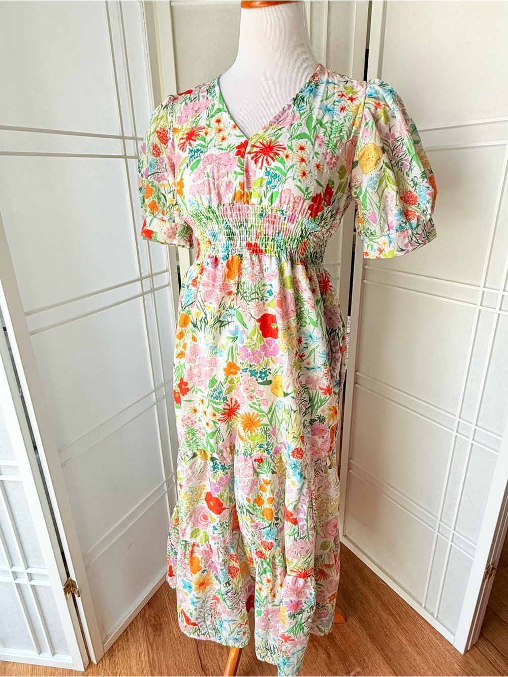 Eyelet cotton Floral Smocked Waist Maxi Dress - Pastel Multicolor
